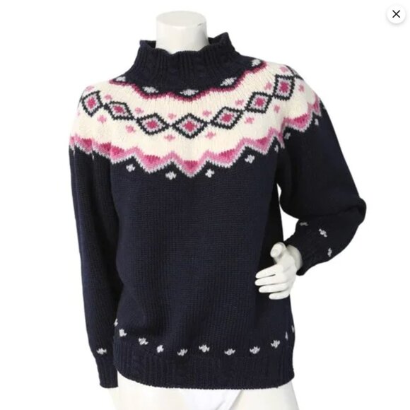 Vintage St Michael Fair Isle Wool Blend Sweater Pullover Navy Blue White Pink - Picture 2 of 13
